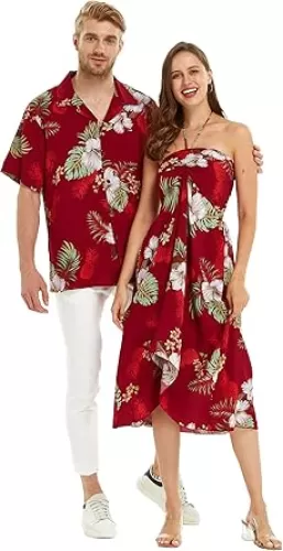 Matchable Couple Hawaiian Luau Shirt or Butterfly Dress in Pineapple Garden Burgundy