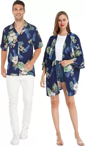 Matchable Couple Hawaiian Luau Shirt or Kimono in Midnight Bloom