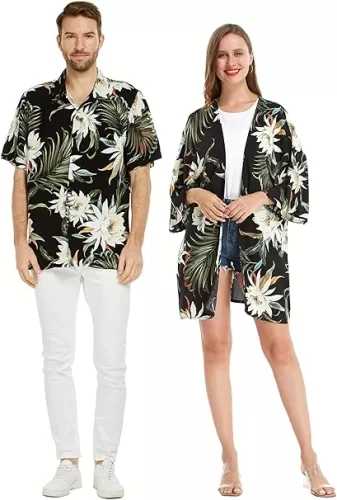 Matchable Couple Hawaiian Luau Shirt or Kimono in Wispy Cereus Black