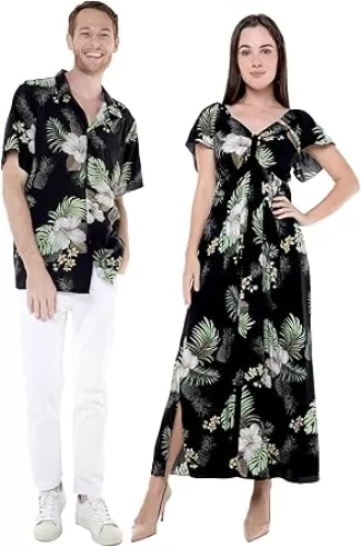 Matchable Couple Hawaiian Luau Shirt or Rahee Maxi Dress in Pineapple Garden Black