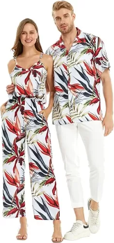 Matchable Couple Hawaiian Luau Shirt or V-Neck Jumpsuit with Pockets in Garden at Dawn