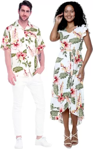 Matchable Couple Hawaiian Luau Shirt or Wrap Ruffle Dress in Sunset Neon