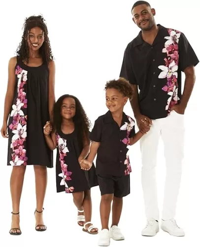 Matchable Family Hawaiian Luau Men Women Girl Boy Clothes in Watercolor Orchid in Black Pink