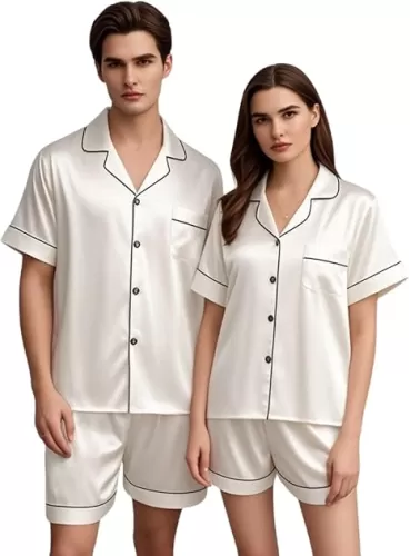 Matching Satin Pajamas for Couples - Women & Men Short Sleeve Button-Down Silk PJs, Soft Holiday Pajama Sets