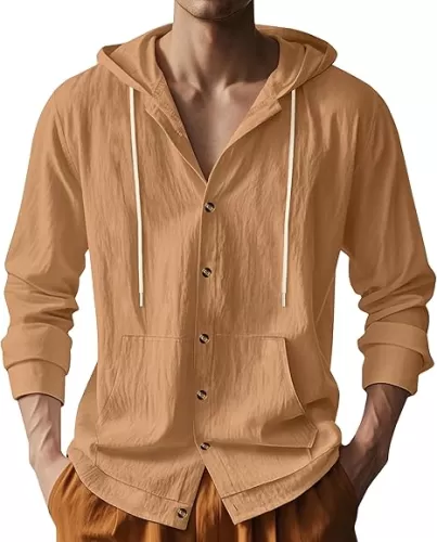 Mens Linen Long Sleeve Button Down Shirts with Pockets Casual Hawaiian Beach Shirts Lightweight Fashion Hoodies