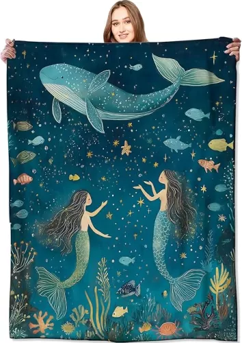 Mermaid and Whale Blanket Magical Underwater Marine Life Throw Blankets, Birthday Gifts for Kids Adult, Lightweight Soft Fleece, Ocean Lovers, Sofa Couch Bed Room Decor 50x60in