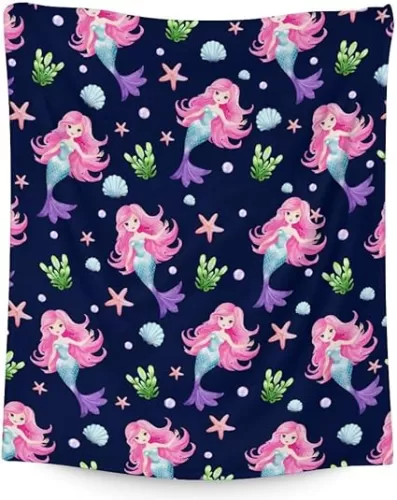 Mermaid Blanket, Girls Blankets, Gift for Christmas, 50x40 Inches Flannel Throws for Girls Teen, for Mermaid Lovers, Navy Blue Soft Cozy Throw for Chair Bed Couch Sofa Living Room