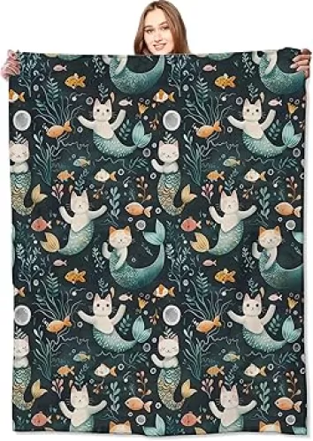 Mermaid Cat Blanket Cute Adorable Kitten Mermans & Ocean Throw Blankets, Birthday Gifts for Kids Girls & Animal Lovers, Lightweight Soft Fleece Cozy for Sofa Couch Bed Room Travel Decor 50x60in