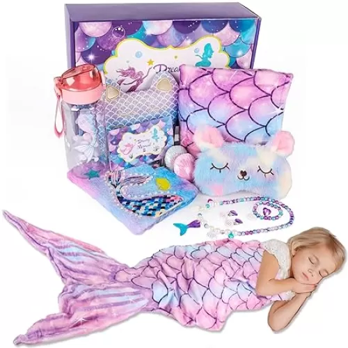 Mermaid Gifts for Girls Age 5 6 7 8 9 10+, Unique Mermaid Birthday Gifts Set Mermaid Cup Notebook blanket Kids Purse Greeting Card Jewelry Kit for Teens Girls