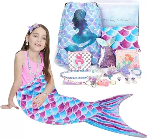 Mermaid Gifts for Girls, Mermaid Tail Blanket Mermaid Jewelry Makeup Set for Girls 3 4 5 6 7 8 9 10 11 12 Years Old