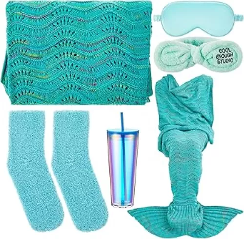 Mermaid Gifts for Women Mermaid Tail Blanket Christmas Birthday Gifts for Women Self Care Get Well Soon Basket with Crochet Comfort Blanket for Mom Her Friends Sister