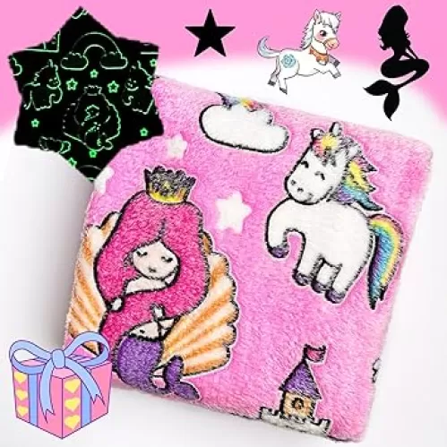 Mermaid Princess Pattern Blanket, Unicorn Blanket Glow in The Dark, 50" x 60", Pink