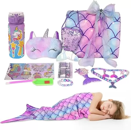 Mermaid Tail Blanket for Girls 3 4 5 6 7 8 9 10 Year Old Girl Birthday Gift Back to School Diamond Art Kits for Kids Little Mermaid Toys with Necklace Bracelet Ring Earrings