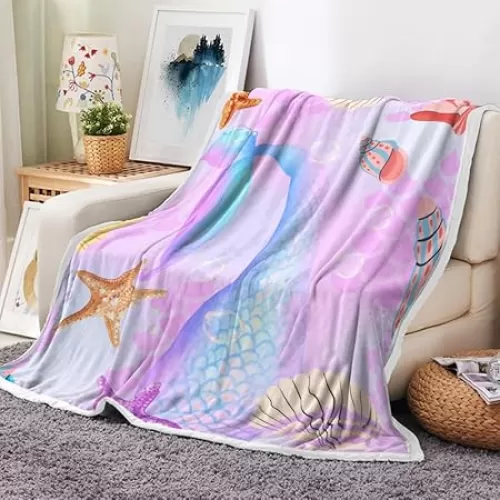 Mermaid Throw Blankets, Pink Kids Girls Cozy Warm Bed Couch Blanket, Birthday White Fleece Flannel Throws to Decorate The Room and Bedroom