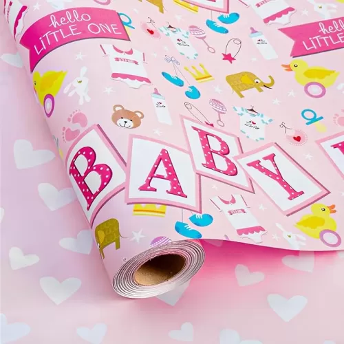 Merture Pink Baby Shower Wrapping Paper Roll, 17 In X 32.8 Ft(46.5 sq.ft.ttl.) BABY Design Gift Wrap with Pink Heart Reverse for Baby Shower, Baby Girl Birthday, Gender Reveal, Newborn Celebrations