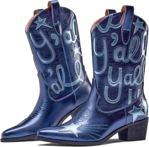 Metallic Cowboy boots for Women Embroidered Mid Calf Womens Cowgirl Boots Western Pointed Toe Chunky Heel