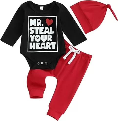 Mr. Steal Your Heart Baby Boy Outfit Newborn Valentines Long Sleeve Romper Pants Hat 3 Piece Clothes Set