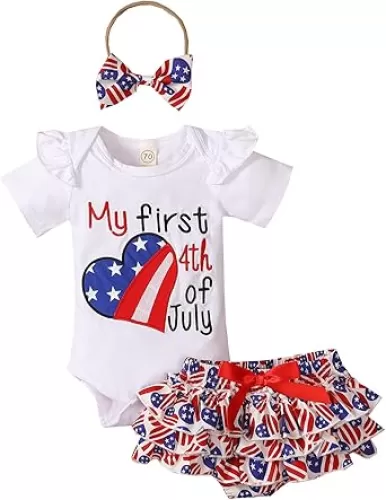 My First 4th of July Newborn Baby Girl American Flag Print Romper Star Shorts with Headband Outfits Sets