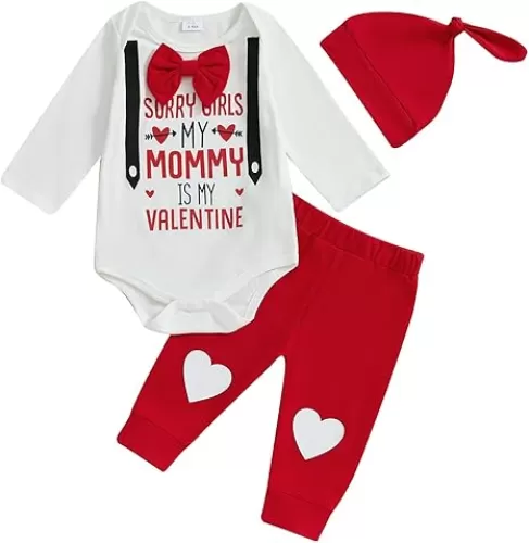 My First Valentines Baby Boy Outfit Long Sleeve Romper with Heart Pants Newborn Coming Home Outfit