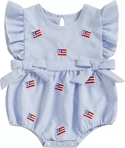 Newborn Baby Girl 4th of July Outfit American Flag Heart Fly Sleeve Smocked Romper Infant Bodysuit Patriotic Clothes