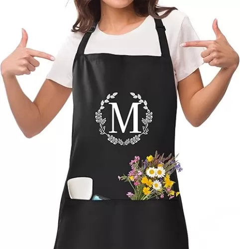 NOBONDO Personalized Apron with Pockets, Initial Bib Apron with Adjustable Neck and Waist Ties, Monogrammed Gift for Women and men, Supports Cooking, Crafting BBQ Drawing and Gardening - with Wreath M