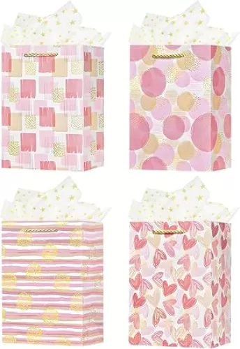 OFIHANLY 4Pcs 9" Small Size Gift Bag with Handles for Women Mom Girls Baby Kids Pink Heart Paper Gift Wrap Bags with Tissue Paper for Happy Mothers Day, Birthday, Party, Wedding, Anniversary, Baby Shower