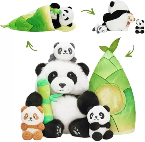 OUOZZZ Panda Stuffed Animals with 3 Babies Inside Panda Bear Plush Toys with 19" Bamboo Shoot Bag - Gift Present Toys for Girls Boys Kids Toddler