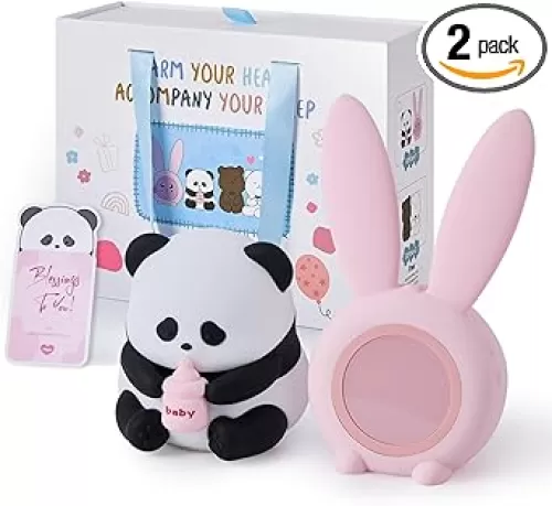 Pak Cute Panda Night Light, Dimmable Touch Control Night Light for Baby, Silicone Squishy Night Lamp, 7 Colors Rechargeable Desktop Light, Bunny Alarm Clock, Gift for Kids Girls Boys, Lovers
