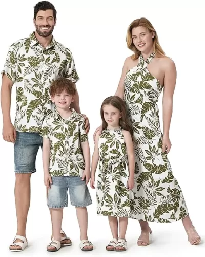 PATPAT Family Matching Summer Outfits, Hawaiian Vacation Women Beach Dress, Girls Sundress, Men and Boys Button Down Shirt