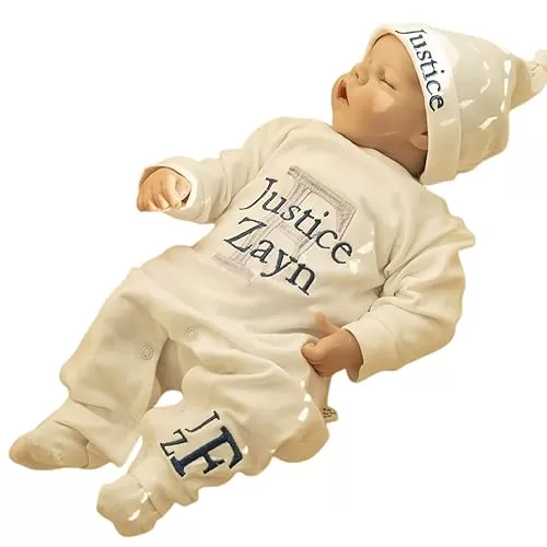 Personalized Baby Romper Hospital Gown Coming Home Outfit Custom Name Inital Embroidery Baby Sleeper Newborn Set Infant Long Sleeve Sleepwear Baby Shower Gift (Style A)