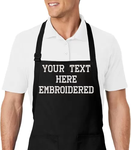 Personalized Chef Apron Embroidered Design - Customized Aprons for Women and Men, Kitchen Chef Apron with 2 Pockets and Long Ties, Adjustable Bib Apron for Cooking, Serving