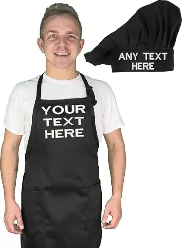 Personalized Chef Apron with Hat Set for chef Embroidered Design - Aprons for Women and Men, Kitchen Chef Apron with 2 Pockets and Long Ties, Adjustable Bib Apron for Cooking, Serving
