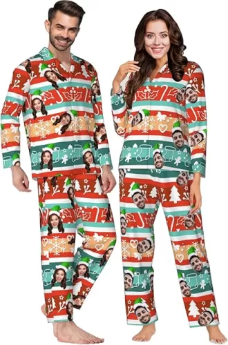 Personalized Face Couples Pajama Sets Custom Face Fun Sleepwear Pjs Matching Christmas Pajamas For Couples