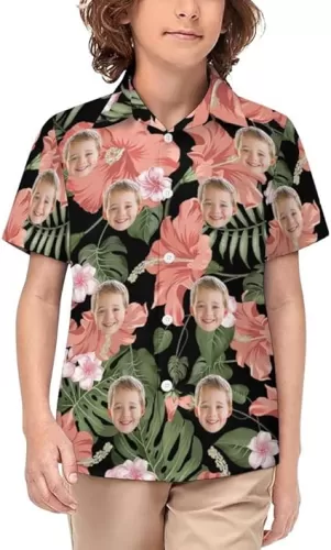 Personalized Hawaiian Shirts for Boys Custom Face Tropical Floral Hawaiian Shirt Funny Photo Button Down Shirt Gift for Him
