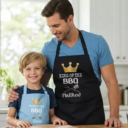 Personalized Matching Family Grill Apron Set for Fathers Day, Dad and Kids Aprons, BBQ Aprons for Dad, Grandpa, Son, Dad Daughter Apron Gift, Prince of the BBQ, King of the BBQ, Family Barbecue Aprons