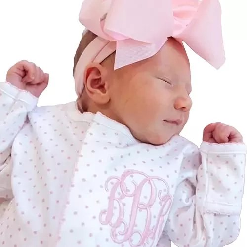 Personalized Newborn Baby Girl Coming Home Outfit Custom Pink Baby Girl Tiny Dots Romper Embroidered Super Soft Long Sleeve Pajamas with Footie for Girl Baby Shower Gift Chrsitmas (Style 1)