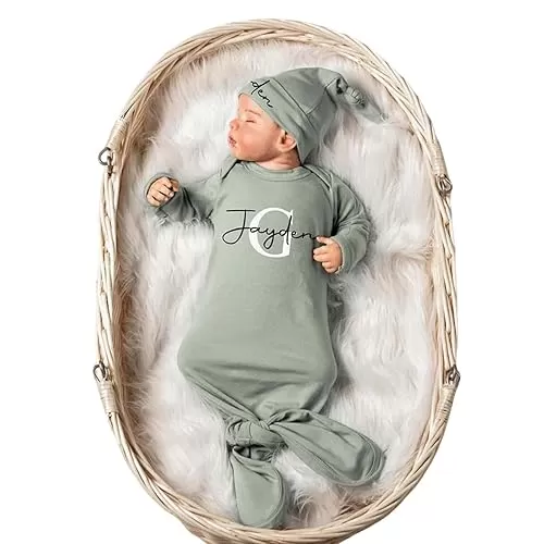 Personalized Newborn Baby Knotted Gown, Name Custom Infant Coming Home Hospital Nightgowns Long Sleeve Outfit Soft Baby Sleeper with Hat Set Baby Shower Gift