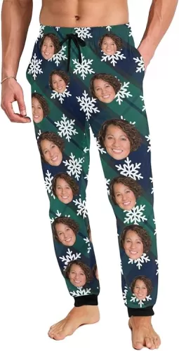 Personalized Photo Face For Mens Sleepwear Photo Face Snowflakes White Custom Pajama Pants for Gifts with Pockets
