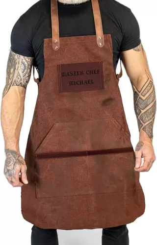 Personalized Premium Canvas Apron with Leather, Master Chef Aprons, Craftsman Custom Apron, Cooking, Kitchen, BBQ, Gardening, Cross-Back Adjustable Straps, Gifts for Dad Father for Men or Women