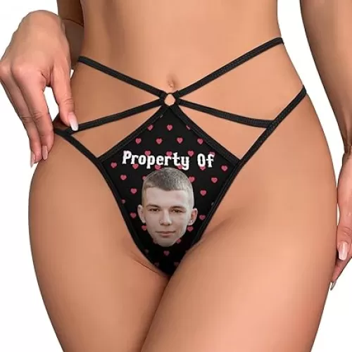 Personalized Women Thong Custom Face Photo G-String Red Heart Pattern Black Strappy T-Back Panty for Valentines Gift