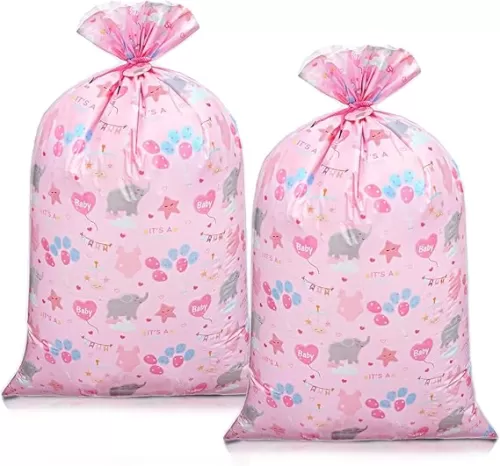 Plauthus 2 Pcs Large Baby Gift Bag, 56” Jumbo Gift Bag with Tag, Elephant, Heart balloons, Baby cloth, Large Baby Gift Bag for Girls’ Birthday, Baby Shower (Baby-Pink)