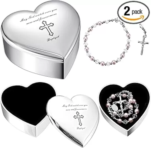 QUELAY 2 Pcs Heart Jewelry Keepsake Box and Pink Baby Rosary Baptism Gift, Silver Toned Jewelry Box with Engraved Cross Baby Baptism Gift for Girls Baptism, First Communion, Christening