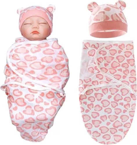 Reborn Baby Dolls Clothes Outfit Accessories Pink Heart Swaddle Blanket & Hat 2 Pcs Set for 17-22 Inch Reborn Doll Newborn Girl&Boy