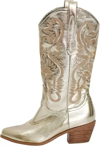 richealnini Cowboy Boots for Women Embroidered Pull-On Mid Calf Booties