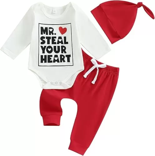 RWYBEYW My First Valentines Day Baby Boy Outfit Newborn Mr Steal Your Heart Romper and Long Pants Hat Spring Fall Clothes Set