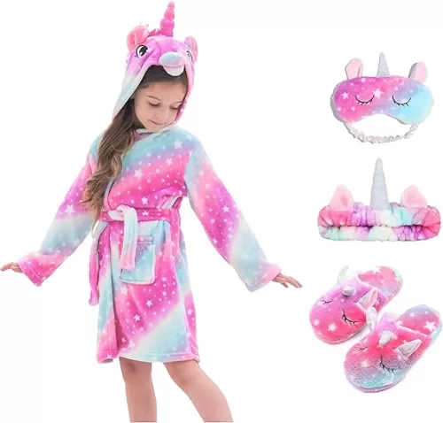 Soft Unicorn Hooded Robe with Matching Slippers Headband and Blindfold for Girls