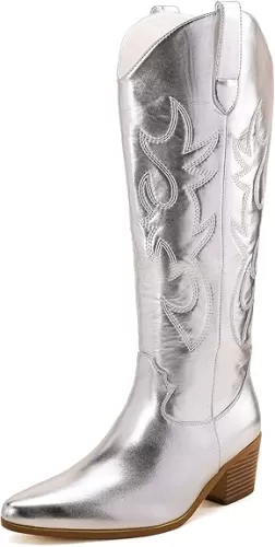 STALOV Cowboy Boots for Women, Western Pointed Toe Chunky Heel Pull-On Knee High Cowgirl Boots Fashion Embroidered Tall