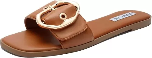 STUNAHOME Flat Sandals Women Fashion Slides With Soft Leather Paired with Metal buckle Slippers