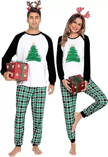 SWOMOG Christmas Matching Couple Pajamas Sets Family Xmas Jammies Casual Long-Sleeve Sleepwear Sets Festival PJ Set