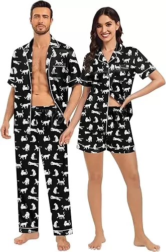 SWOMOG Matching Pajamas for Couples Satin Short Sleeve Sleepwear Women & Men Silk Soft Button Down Nightwear 2 Pcs Loungewear